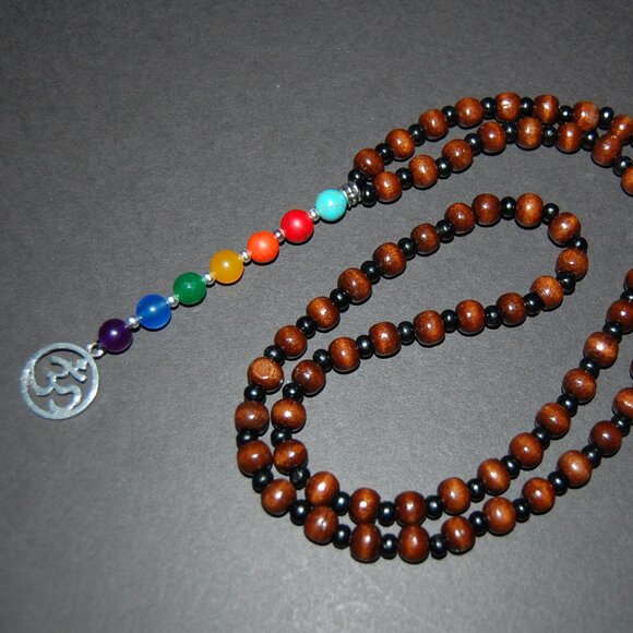 Wood Necklace,Om Necklace,7 Chakra Necklace,Stone and Wood Beads,Yoga Necklace - Picture 1 of 3